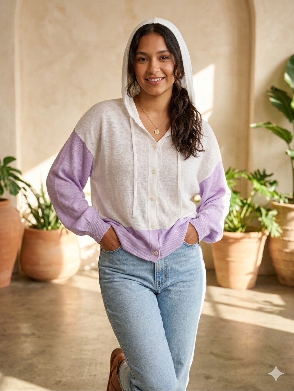 Makeover Essentials Hooded Button-Front Cardigan in Cream & Lavender